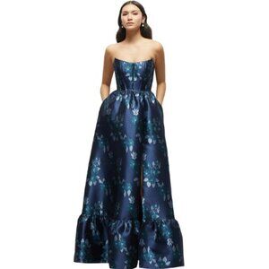 Midnight Navy Damask Strapless Satin Twill Dress Style 3152BRD Size 12